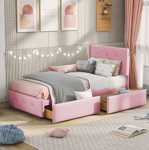 Polsterbett 90x200 cm aus Samt mit Stauraum – klassischer Stil für Kinder- und Gästezimmer