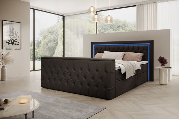 PROMETO Möbel Boxspringbett Doppelbett mit Matratze, Schubladen TV-Lift LED Beleuchtung, inkl. 7-Zonen-Taschenfederkernmatratze, TV-Lift im Fußteil, Topper