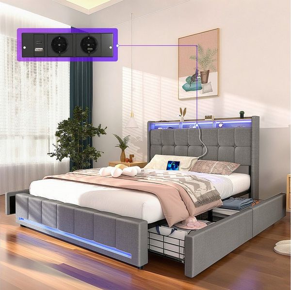 oyajia Polsterbett LED Doppelbett 140x200 cm mit 4 Schubkästen und Kopfteil, Ladefunktion, Leises Design Bett, 4 Ausziehbare Schubladen,Modernes Jugendbett