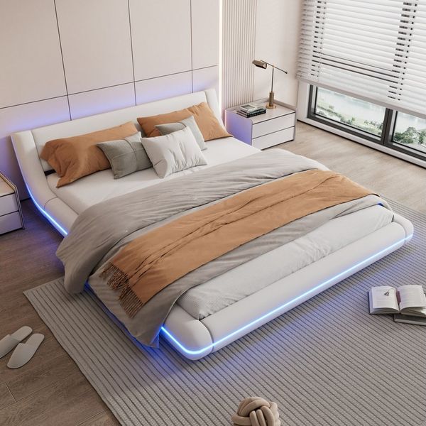 Furnishings Home Polsterbett Doppelbett Futonbett Bodenbett inkl. LED, Mit 24-Tasten-Fernbedienung, Lattenrost, Kunstleder, 160x200 cm