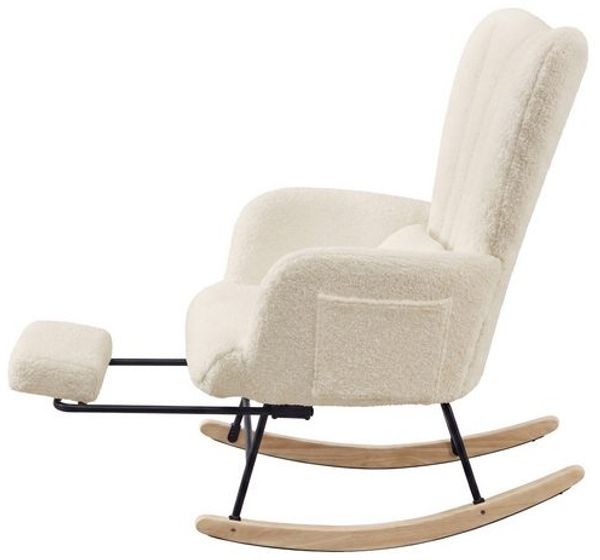 SONGMICS Schaukelstuhl mit ausziehbarer Fußstütze, Schaukelsessel, Holzbeine, Kissen, für Wohnzimmer, Fleece, creme