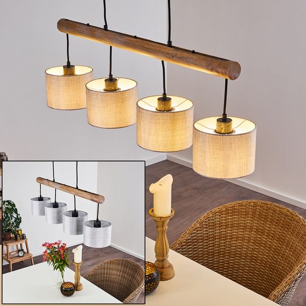 »Laives« Hängelampe aus Metall/Holz/Textil in Schwarz/Grau/Natur, 4-flammig, 4 x E27 max. 40 Watt, Höhe max. 120 cm, mit Stoff-Schirmen, geeignet für LED Leuchtmittel