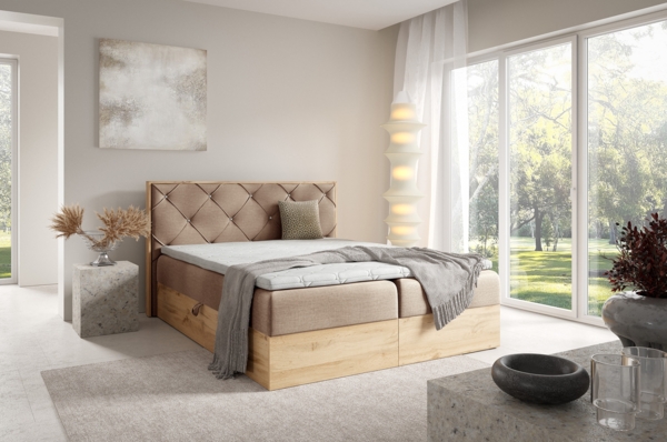 MEBLINI Boxspringbett LOFTY 12 160x200 cm mit Bettkasten – H3/Hellbraun Samt Polsterbett - Doppelbett mit Topper & Bonellfederkern-Matratze