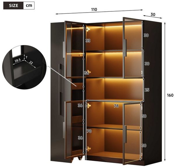 BlingBin Glasvitrine Standvitrine LED Glasvitrine 110x30x160 cm Schwarz aus MDF (1-St, mit Glasfront, ausziehbaren Regalen, Schubladen & Anti-Kipp) für Wohnzimmer/Küche/Büro
