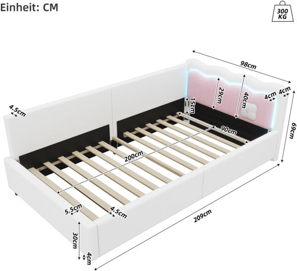 Merax Daybett Polsterbett Einzelbett Schlafsofa 90x200cm LED-Licht mit Fernbedienung, Weiß Bild 4