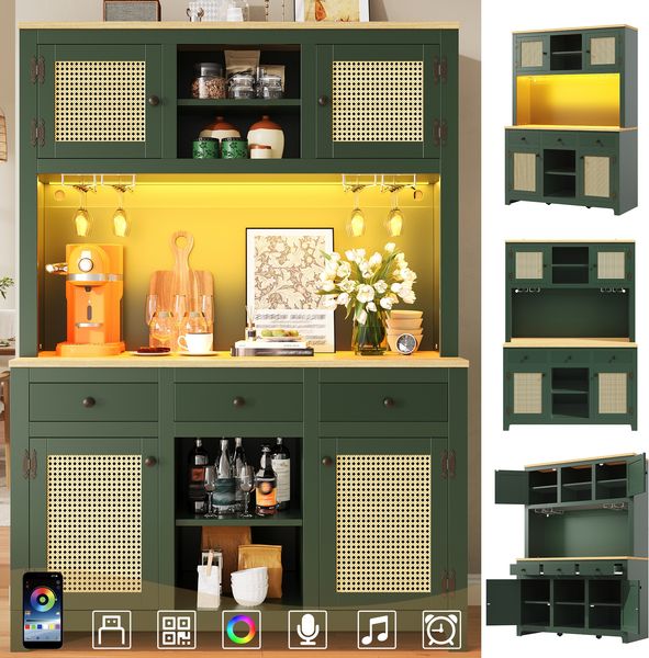 LED Hochschrank mit Lichtsystem, PE Rattan Schrank mit Kippsicherung, Großer Standschrank mit verstellbaren Böden & Schubladen, Vintage Stauraumschrank für Küche, Wohnzimmer, Esszimmer