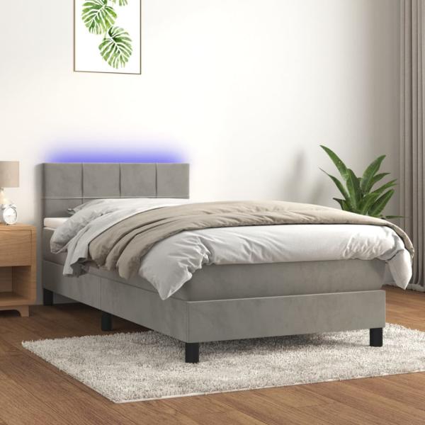 vidaXL Boxspringbett mit Matratze & LED Hellgrau 90x190 cm Samt 3134375