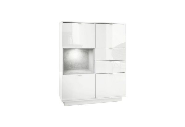 Highboard Sideboard Metro, Korpus in Weiß Hochglanz / Fronten in Weiß Hochglanz mit Einsatz in Beton Oxid Optik, inkl. LED Beleuchtung