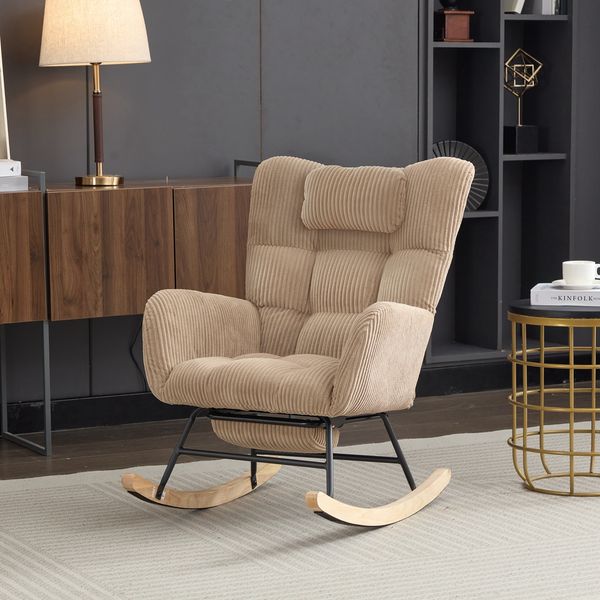 Schaukelstuhl aus Cordstoff in Braun mit hoher Rückenlehne, Beinstütze, Seitentasche, Relax Sessel für Wohnzimmer & Babyzimmer