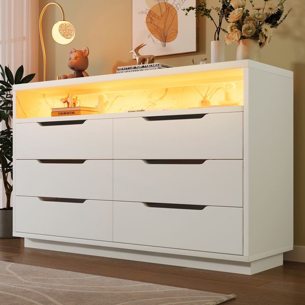 Sideboard 120x40x85 cm, weiß, mit LED-Beleuchtung, 6 Schubladen und offenem Fach in Marmoroptik