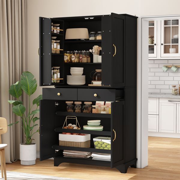 Merax Hochschrank mit verstellbaren Regalböden und Schubladen, Bücherregal mit ausziehbaren Regalböden und Kühlschranktüren, Ideal für Esszimmer, Wohnzimmer und Küche (Schwarz)