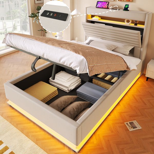 Polsterbett beige 218×92,5×113 cm aus Leinen-Stoff mit Hydraulik-Stauraum, doppelte LED-Leisten