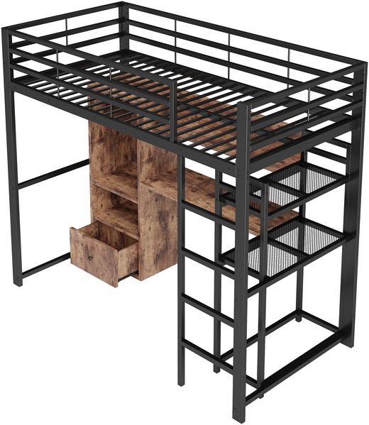 Hochbett, Metallbett mit LED-Leuchten Schreibtisch 1 Schublade Regale Geländer Treppe ohne Matratze，Schwarz, 90 x 200 cm Bild 7