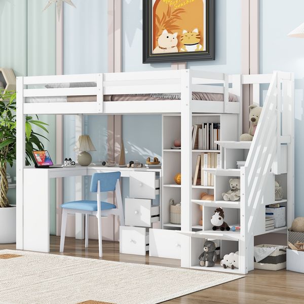 Hochbett, 90x200 cm, Ohne Matratze, Geländer, Schreibtisch, Schubladen, Offener Stauschrank, Verstaubare Trittleiter, Mehrere Einlegeböden, EN 747 zertifiziert, Weiß