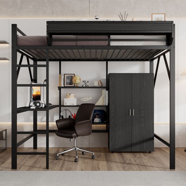 Merax Hochbett, 140x200cm Kinderbett, Doppelstöckiger Stauraum unter dem Schreibtisch, Oberes Bett mit Stauraum, Mit Kleiderschrank, Schwarz