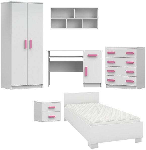Deine Möbel 24 Jugendzimmer-Set INGE Jugendzimmer Jugendmöbel Kinderzimmer komplett 6-teilig, (Set, 6-tlg, Bett, Nachttisch, Schreibtisch, Hängeregal, Kleiderschrank, Kommode), Kinderzimmer Set Weiß Griffe Rosa Blau Grün aus Laminatplatte