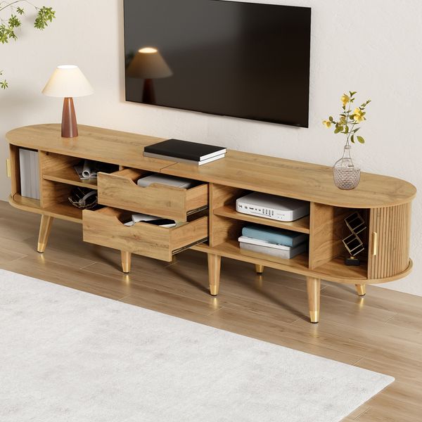 TV-Schrank 175 x 38 x 45 cm aus MDF in Holzoptik mit Schiebetür, Schubladen und offenen Fächern