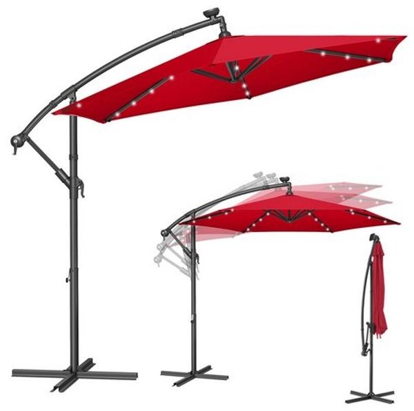Songmics Sonnenschirm mit LED-Solar-Beleuchtung und Ständer, UPF 50+, Stahl rot, Ø 300 cm