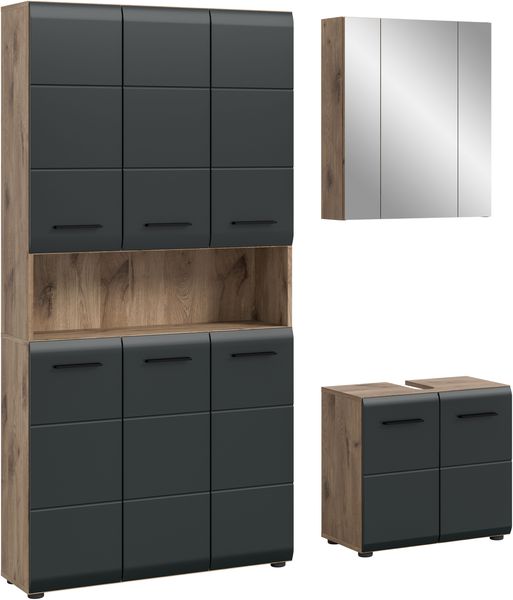 Badkombination (B/H/T: 165x185x46 cm) in schwarz matt und Nox Oak Nachbildung
