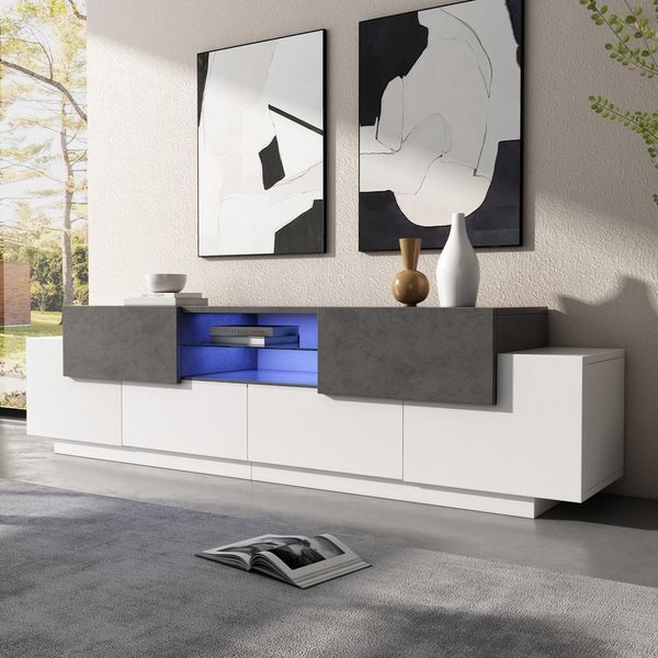 Merax Lowboard in Marmoroptik mit LED (1 St), TV-Schrank mit Glasablage, 2 Schubladen & 4 Türen, 180x40x45cm