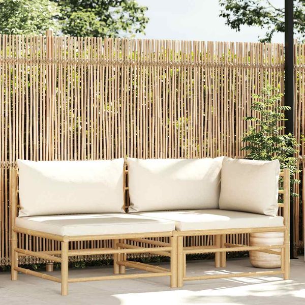 vidaXL 2-tlg. Garten-Lounge-Set mit Kissen Cremeweiß Bambus 313143