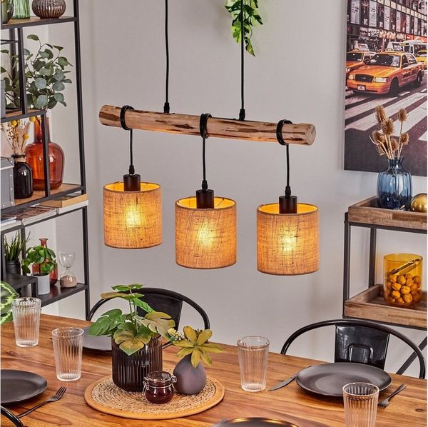 hofstein Pendelleuchte moderne Hängelampe aus Holz/Metall/Leinen in Natur/Schwarz/Beige, ohne Leuchtmittel, Hängeleuchte im skandinavischen Design, 3x E27, ohne Leuchtmittel