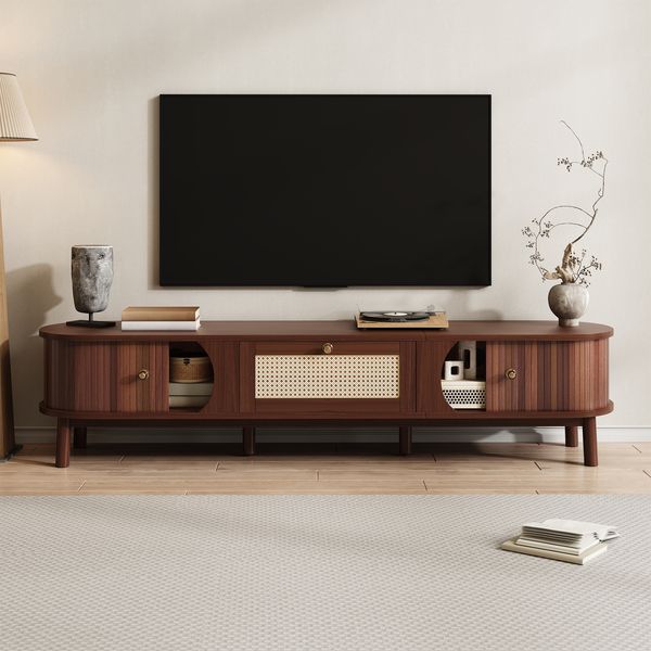 TV-Schrank mit Rattan-Schubladen & Lamellentüren, 170x39,5x38 cm, Natur