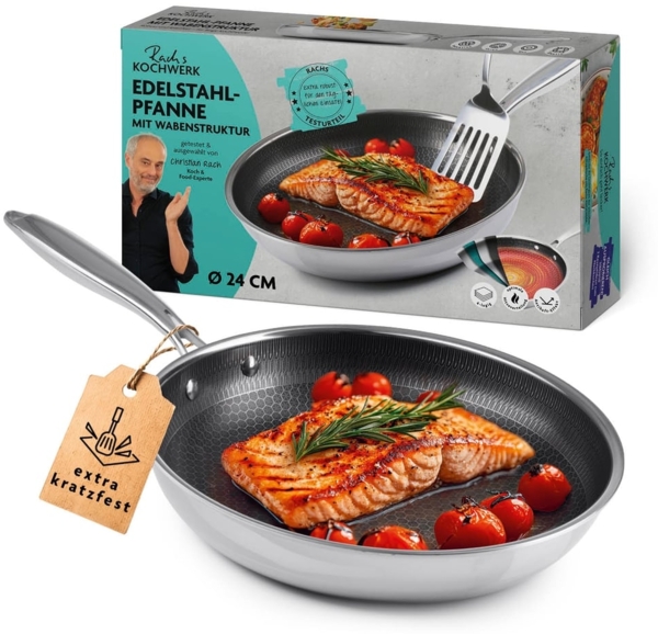 Rachs KOCHWERK Bratpfanne Edelstahl-Pfanne 24cm mit Wabenstruktur, Antihaft-Effekt Induktionsherd Keramik Gas Elektro Infrarot hoher Rand
