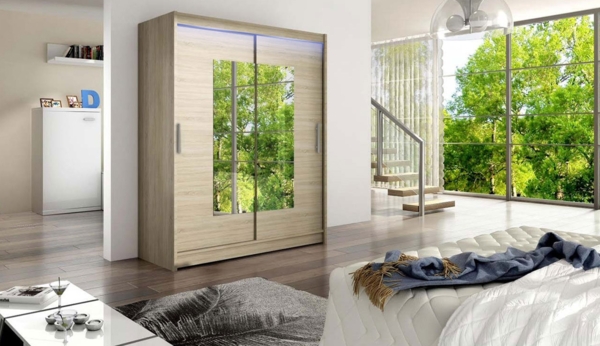 Kleiderschrank Westa III, mit RGB LED Beleuchtung, Farbe: Sonoma Eiche / Spiegel