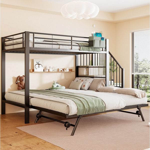 Flieks Etagenbett, Dreierbett Metallbett 90x200cm mit Ausziehbett 90x190cm Stauraumtreppe