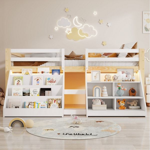 Merax Hochbett 90x200cm mit LED-Beleuchtung (Kiefernholz Jugendbett Einzelbett, 1-St) Halbhohes Bett Kinderbett mit Bücherregalen,Stauraum,Geländer & Leiter