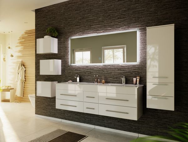 Badmöbelset Roma XL 4-teilig LED-Spiegel Seitenschrank 3er Boxen weiss hochglanz : Weiss hochglanz