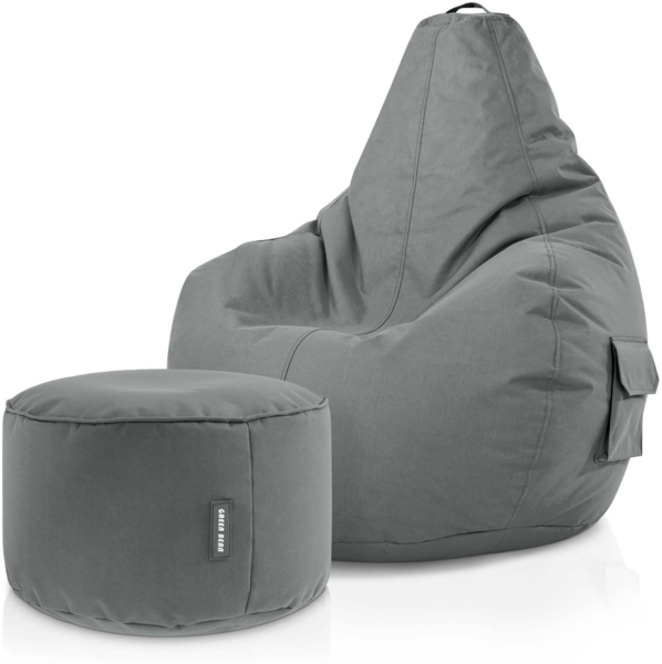 Green Bean® Sitzsack + Hocker, 2er Set, robust, waschbar, schmutzabweisend, Grau, 90 x 80 x 70 cm