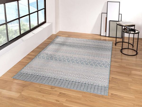 TaraCarpet Teppich In & Outdoor Teppich Brandon 98003 Ethno, rechteckig, Höhe: 6 mm, sisal optik blau Wohnzimmer Terrasse Garten Balkon Küche 80x150 cm