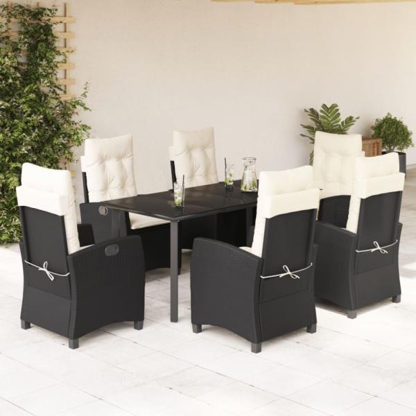 vidaXL 7-tlg. Garten-Essgruppe mit Kissen Schwarz Poly Rattan 3212737