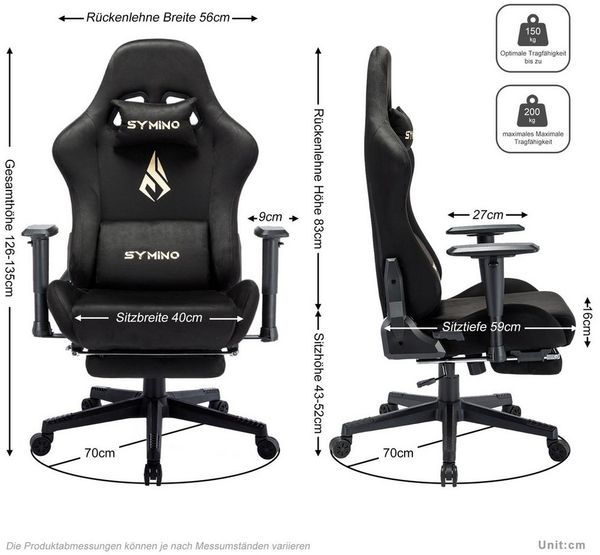 symino Gaming-Stuhl Drehstuhl, verstellbare Armlehnen und Rückenlehne, Memory Foam-Kissen mit Fußstütze, Schwarz