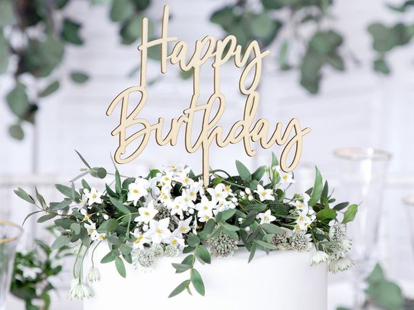 partydeco Tortenstecker, Cake Topper Happy Birthday Holz 16,5cm natur
