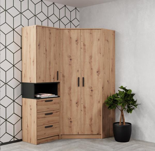 Marmex Möbel Grant 15A Ein modernes Schlafzimmer-Set, Jugendzimmer-Set, Eckkleiderschrank und Bücherregal, laminierte Spanplatte, artisan Eiche + schwarz, 143x195x91 cm