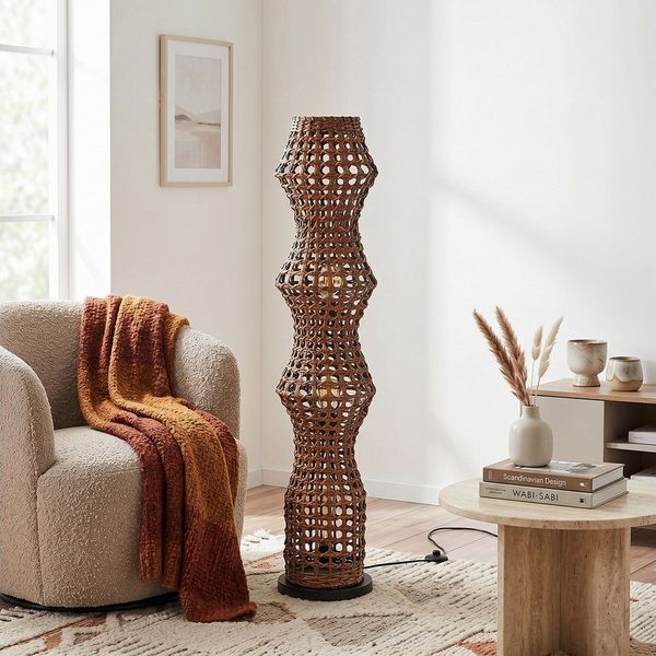 hofstein Stehlampe Stehlampe im skandinavischen Design mit Schirm aus Rattan in Braun, ohne Leuchtmittel, Stehleuchte im Boho-Style mit Lichteffekt und Fußschalter, E27, 110 cm