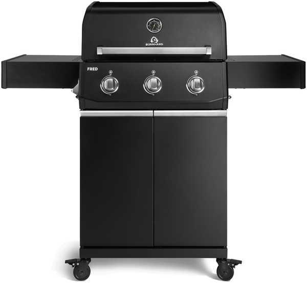 BURNHARD® Gasgrill 3-Brenner, 9,6 kW, Edelstahl-Stabbrenner, Piezo-Zündung, Edelstahlrost, große Grillfläche, Alu-Druckguss-Seitenteile – FRED Base - Schwarz - #947125
