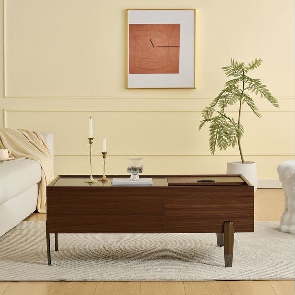 Merax Couchtisch Sofatisch mit Marmordekor und Metallbeinen (1-St, 105 L x 50 B x 41,5 H), Wohnzimmertisch mit Glasplatte, Schubladen & Stauraum, Walnuss