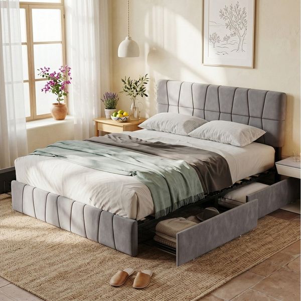 zebery Stauraumbett Polsterbett Doppelbett Mit 4 Schubladen (Packung, 1-tlg, Jugendbett), 160x200 cm,Mit Kopfteil und Bettgestell,Samtstoff,Grau