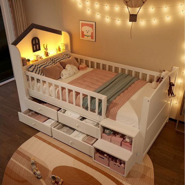Merax Kinderbett in Hausform (1-tlg, Kieferholz Jugendbett Einzelbett Hausbett Kinderhaus), Hochbett 90x200cm mit LED-Lichtleiste, 4 Schubladen & Regalleiter