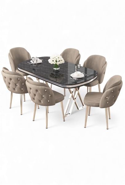 Modernes 7-teiliges Esszimmer-Set mit Tisch und Stühlen, Schwarzer Marmor & Chrom, 168x60 cm | 100% lackierte Platte, stilvoll und langlebig