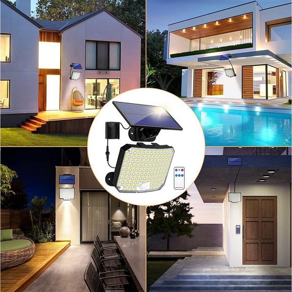 Rosnek Außen-Deckenleuchte 118 LEDs Solarleuchte, Bewegungsmelder, für Garten Hinterhof Garage, 6000K kaltweiß, IP65 Wasserdichte, Fernbedienung, 3 Modi