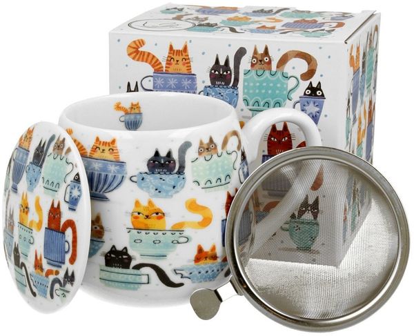 Duo-Gift Tasse Teacup Cats Teetasse mit Sieb und Deckel Porzellan 0,43 L, 1-tlg, 3-tlg.