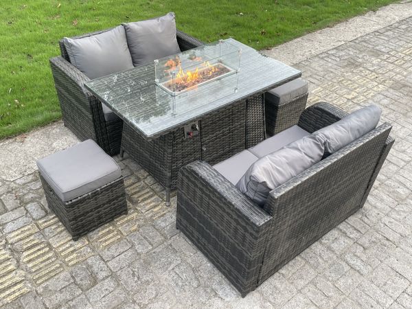 Fimous Rattan Outdoor Gartenmöbel Gas Feuerstelle Esstisch Sets Gasheizung Love Sofa Kleine Hocker Sets 6 Sitzer
