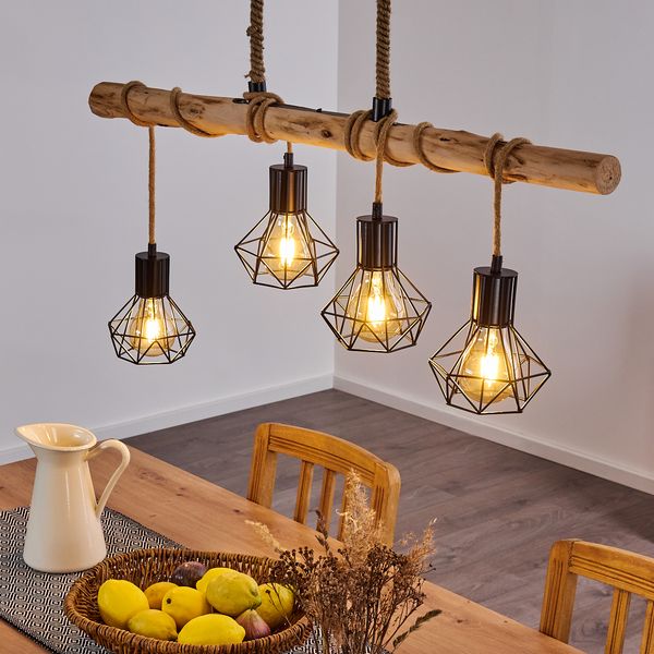hofstein Pendelleuchte »Pomari« Hängelampe aus Metall/Holz/Kordel in Schwarz/Natur, ohne Leuchtmittel, 4xE27, mit Holzbalken im Retro/Vintage-Design, Höhe max. 173cm