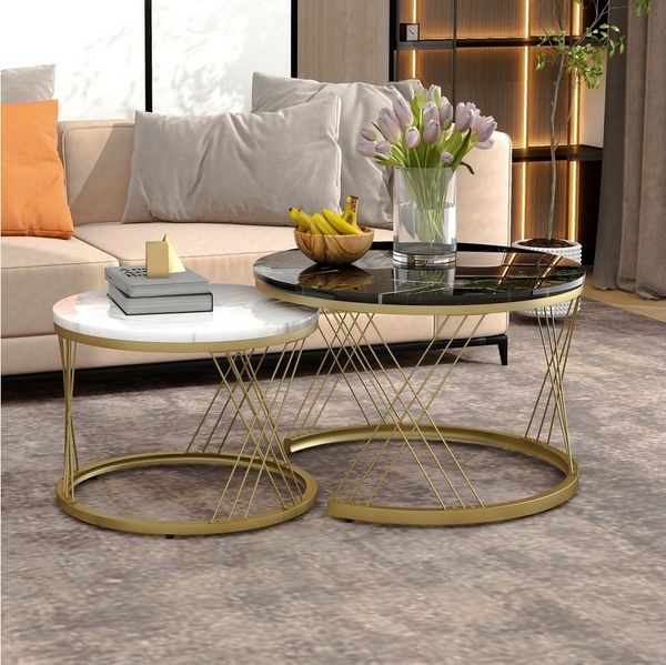 Merax Couchtisch (2-St), set hochglanz Satztisch in Marmoroptik, Beistelltisch mit Metallrahmen
