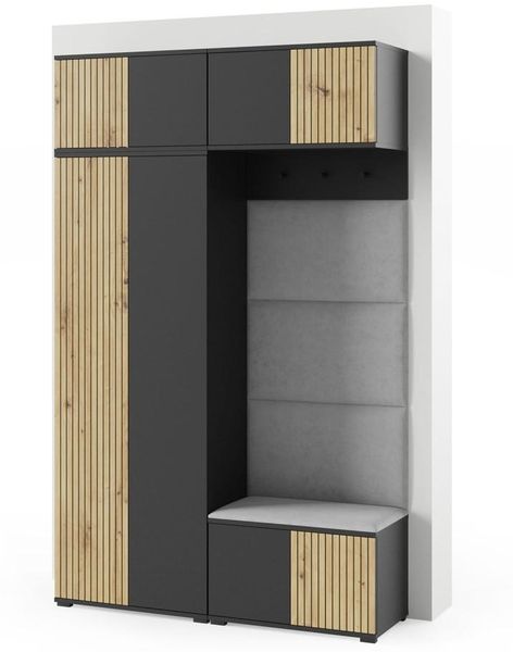 Garderoben-Set Rosario Version 3 mit Lamellen, Kleiderschrank mit Polsterplatten und Schuhschrank (Schwarz / Eiche Artisan, Trinity 14), 225 x 40 x 140 cm